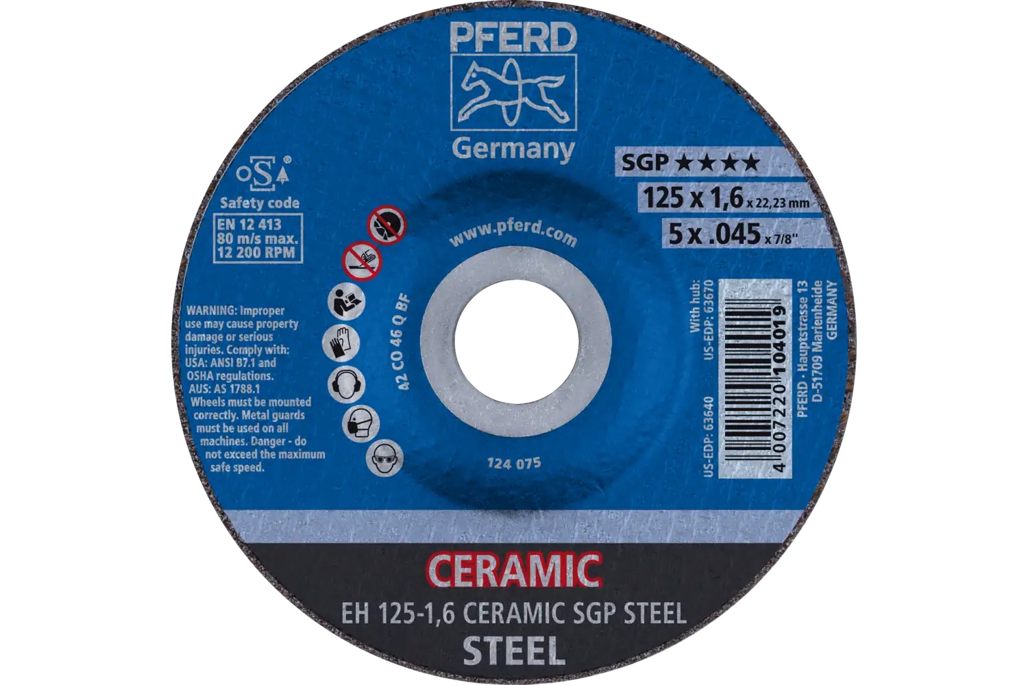 Picture of Pferd Cut-Off Wheel, 5" X .045 X 7/8, Ceramic Sgp Steel, T27, Ceramic Oxide